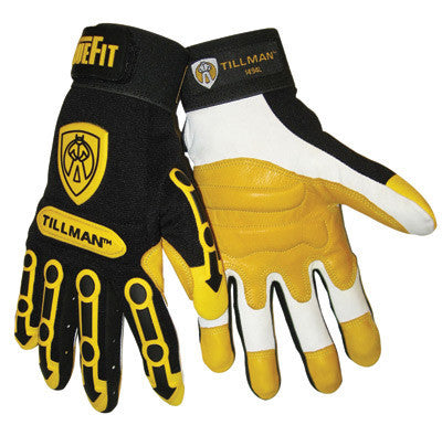 Tillman 1494XL X-Large Black And Gold TrueFit Full Finger Top Grain Goatskin Super Premium Mechanics Gloves With Elastic Cuff, TPR Pads on Finger, Knuckle And Back Of Hand, Double Reinforced Fingertips (1/PR)