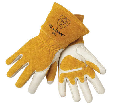 Tillman 50M Medium 14" Pearl Top Grain Side Split Cowhide Fleece Lined Premium Grade MIG Welders Gloves With Gauntlet Cuff, Seamless Index Finger And Elastic Back (Carded) (1/PR)