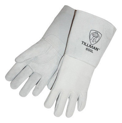 Tillman 650M Medium 14" Gray Top Grain Cowhide Cotton/Foam Lined Premium Grade Stick Welders Gloves With Reinforced Straight Thumb, Stiff Cowhide Cuff, Welted Finger And Kevlar Lock Stitching (Carded) (1/PR)