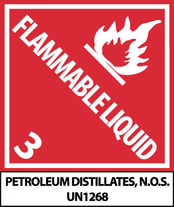 NMC UN1268AL-DOT SHIPPING LABELS, FLAMMABLE LIQUID3, PETROLEUM DISTILLATES, N.O.S. UN 1268, 4X4 3/4, PS PAPER (1 ROLL)