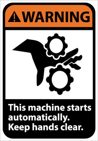 NMC WGA1PB-WARNING, THIS MACHINE STARTS AUTOMATICALLY KEEP HANDS CLEAR (W/GRAPHIC), 14X10, PS VINYL (1 EACH)