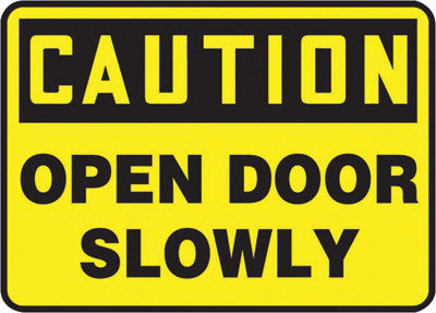 Accuform Signs MABR607VS  10'' X 14'' Black And Yellow 4 mils Adhesive Vinyl Admittance And Exit Sign ''CAUTION OPEN DOOR SLOWLY'' (1/EA)
