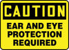 Accuform Signs MPPE436VS  7'' X 10'' Black And Yellow 4 mils Adhesive Vinyl PPE Sign ''CAUTION EAR AND EYE PROTECTION REQUIRED'' (1/EA)