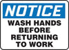 Accuform Signs MRST812VP  7'' X 10'' Black, Blue And White 0.055'' Plastic Housekeeping Sign ''NOTICE WASH HANDS BEFORE RETURNING TO WORK'' With 3/16'' Mounting Hole And Round Corner (1/EA)