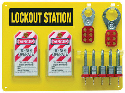 Brady 51181 Yellow And Black 15 1/2'' X 11 1/2'' Acrylic Padlock Board Includes (5) Safety Locks, (2) Hasps And (12) Lockout Tags (1/EA)