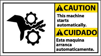 NMC CBA10R-CAUTION, THIS MACHINE STARTS AUTOMATICALLY (BILINGUAL W/GRAPHIC), 10X18, RIGID PLASTIC (1 EACH)