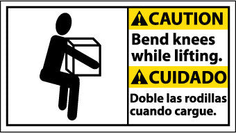 NMC CBA12R-CAUTION, BEND KNEES WHILE LIFTING (BILINGUAL W/GRAPHIC), 10X18, RIGID PLASTIC (1 EACH)
