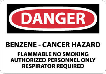 NMC D168AB-DANGER, BENZENE CANCER HAZARD FLAMMABLE NO SMOKING, 10X14, .040 ALUM (1 EACH)