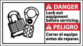 NMC DBA11R-DANGER, LOCK OUT EQUIPMENT BEFORE SERVICING (BILINGUAL W/GRAPHIC), 10X18, RIGID PLASTIC (1 EACH)