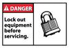 NMC DGA18AP-DANGER, LOCKOUT EQUIPMENT BEFORE SERVICING (GRAPHIC), 3X5, PS VINLY (PAK OF 5)