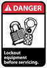 NMC DGA18PB-DANGER, LOCK OUT EQUIPMENT BEFORE SERVICING (W/GRAPHIC), 14X10, PS VINYL (1 EACH)