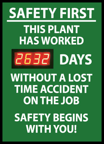 NMC DSB3-DIGITAL SCOREBOARD, SAFETY FIRST THIS PLANT HAS WORKED XXX DAYS WITHOUT A LOST TIME ACCIDENT ON THE JOB SAFETY BEGINS WITH YOU!, 28X20, .085 STYRENE (1 EACH)