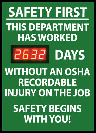 NMC DSB4-DIGITAL SCOREBOARD, SAFETY FIRST THIS DEPARTMENT HAS WORKED XXX DAYS WITHOUT AN OSHA RECORDABLE INJURY ON THE JOB SAFETY BEGINS WITH YOU, 28X20, .085 STYRENE (1 EACH)
