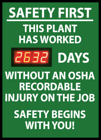 NMC DSB6-DIGITAL SCOREBOARD, SAFETY FIRST THIS PLANT HAS WORKED XXX DAYS WITHOUT AN OSHA RECORDABLE INJURY ON THE JOB SAFETY BEGINS WITH YOU, 28X20, .085 STYRENE (1 EACH)