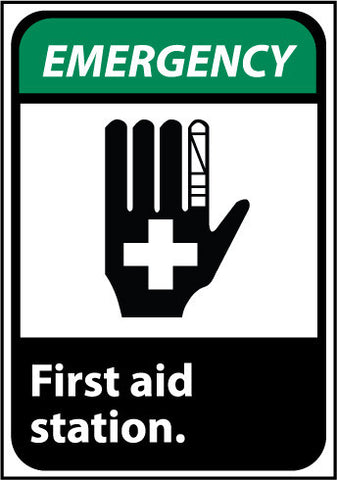 NMC EGA3P-EMERGENCY, FIRST AID STATION (W/GRAPHIC), 10X7, PS VINYL (1 EACH)