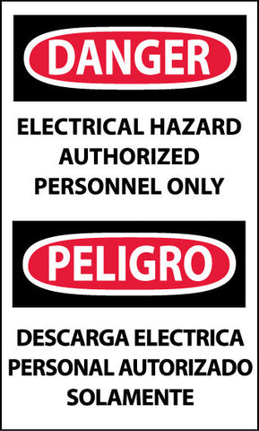 NMC ESD268AP-DANGER, ELECTRICAL HAZARD AUTHORIZED PERSONNEL ONLY BILINGUAL, 5X3, PS VINYL (PAK OF 5)