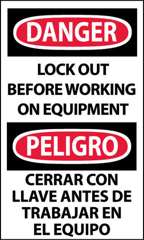 NMC ESD377AP-DANGER, LOCKOUT BEFORE WORKING ON EQUIPMENT BILINGUAL, 5X3, PS VINYL (PAK OF 5)