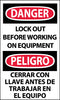 NMC ESD377AP-DANGER, LOCKOUT BEFORE WORKING ON EQUIPMENT BILINGUAL, 5X3, PS VINYL (PAK OF 5)