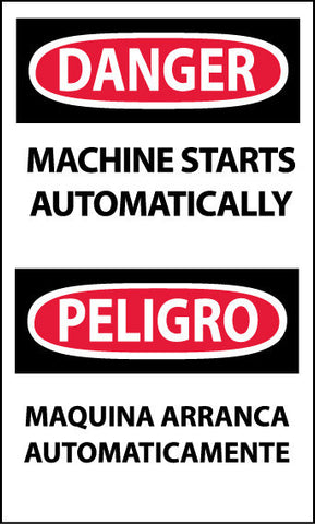 NMC ESD378AP-DANGER, MACHINE STARTS AUTOMATICALLY BILINGUAL, 5X3, PS VINYL (PAK OF 5)