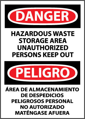 NMC ESD442RB-DANGER, HAZARDOUS WASTE STORAGE AREA KEEP OUT BILINGUAL, 14X10, RIGID PLASTIC (1 EACH)