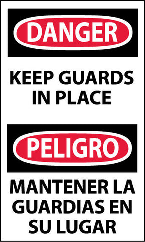 NMC ESD566AP-DANGER, KEEP GUARDS IN PLACE BILINGUAL, 5X3, PS VINYL (PAK OF 5)