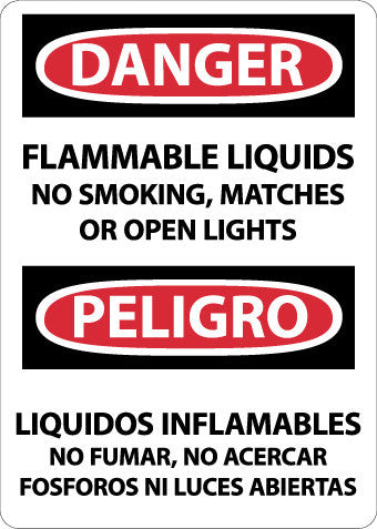 NMC ESD661AB-DANGER, FLAMMABLE LIQUIDS NO SMOKING, MATCHES OR OPEN LIGHTS, BILINGUAL, 14X10, .040 ALUM (1 EACH)