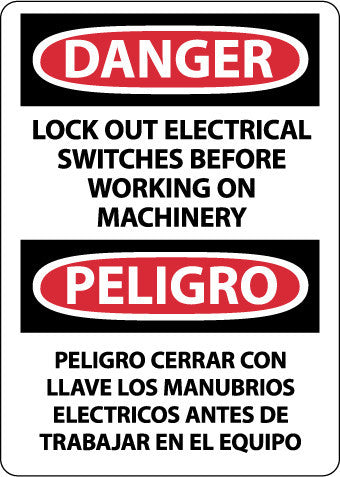 NMC ESD679PB-DANGER, LOCK OUT ELECTRICAL SWITCHES BEFORE WORKING ON MACHINERY, BILINGUAL, 14X10, PS VINYL (1 EACH)