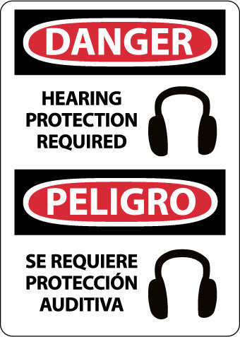 NMC ESD690RB-DANGER, HEARING PROTECTION REQUIRED (GRAPHIC) BILINGUAL, 14X10, RIGID PLASTIC (1 EACH)