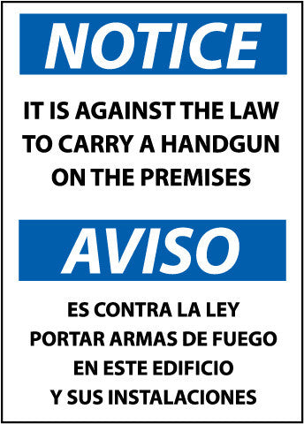 NMC ESN35PC-NOTICE, IT IS AGAINST THE LAW TO CARRY A HANDGUN ON THESE PREMISES, 20X14, PS VINYL (1 EACH)