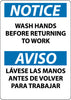NMC ESN371PB-NOTICE, WASH HANDS BEFORE RETURNING TO WORK, BILINGUAL, 14X10, PS VINYL (1 EACH)