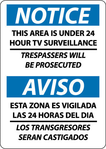 NMC ESN375PB-NOTICE, THIS AREA IS UNDER 24 HOUR TV SURVEILLANCE, BILINGUAL, 14X10, PS VINYL (1 EACH)