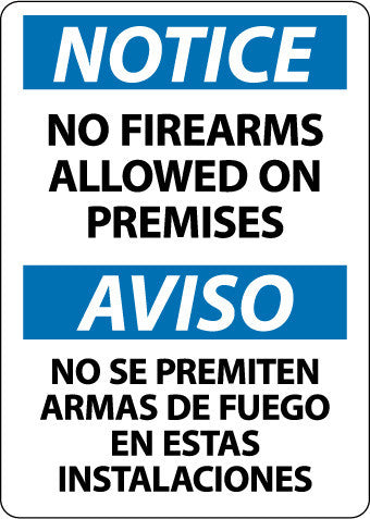 NMC ESN382PB-NOTICE, NO FIREARMS ALLOWED ON PREMISES, BILINGUAL, 14X10, PS VINYL (1 EACH)