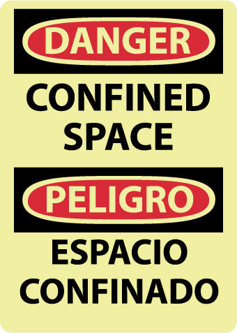 NMC GESD100RB-DANGER, CONFINED SPACE, BILINGUAL, 14X10, RIGID PLASTIC GLOW (1 EACH)
