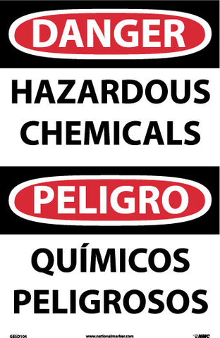 NMC GESD104RB-DANGER, HAZARDOUS CHEMICALS, BILINGUAL, 14X10, GLO RIGID PASTIC (1 EACH)