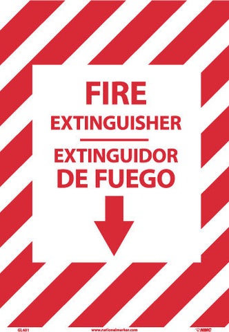 NMC GL401RB-FIRE EXTINGUISHER, DOWN ARROW,  BILINGUAL 14X10, GLO RIGID PLASTIC (1 EACH)