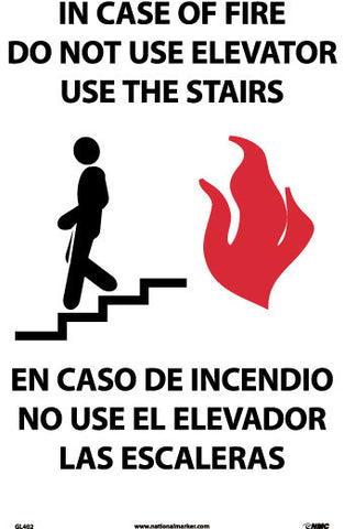 NMC GL402RB-IN CASE OF FIRE DO NOT USE ELEVATOR USE THE STAIRS (GRAPHIC(, BILINGUAL, 14X10, GLO RIGID PLASTIC (1 EACH)