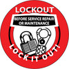NMC HH74-HARD HAT EMBLEM, LOCKOUT BEFORE SERVICE REPAIR OR MAINTENANCE LOCK IT OUT, 2 DIA, PS VINYL (PAK OF 25)