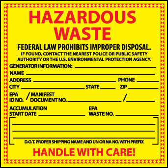 NMC HW10-LABELS, HAZARDOUS WASTE, 6X6, PS PAPER (1 ROLL)