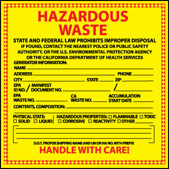 NMC HW15-LABELS, HAZARDOUS WASTE CALIFORNIA, 6X6, PS VINYL (PAK OF 25)