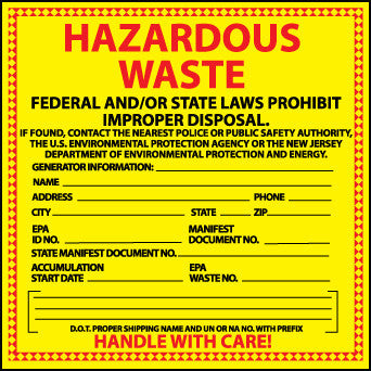 NMC HW18-LABELS, HAZARDOUS WASTE NEW JERSEY, 6X6, PS PAPER (1 ROLL)