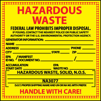 NMC HW8S-LABELS, HAZARDOUS WASTE (FOR SOLIDS), 6X6, PS VINYL (PAK OF 25)