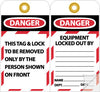NMC JMTAG1-TAGS, DANGER EQUIPMENT LOCKED OUT BY. . ., 7 3/8X4, HVY PAPER SELF LAMINATING (PAK OF 10)