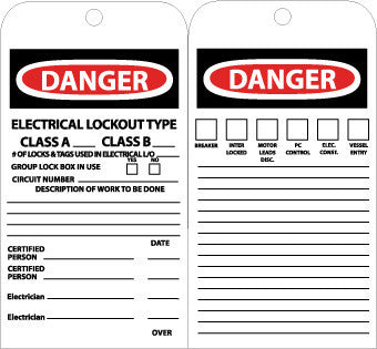 NMC JMTAG3-TAGS, DANGER ELECTRICAL LOCKOUT TYPE A CLASS B, 7 3/8X4, UNRIP VINYL (PAK OF 10)
