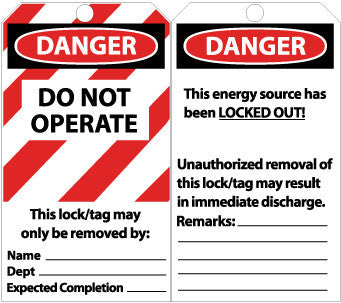 NMC LLT1-TAGS, LOCKOUT, DANGER DO NOT OPERATE, 6X3, ENCASED LAMINATION (PAK OF 25)