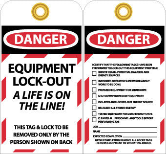 NMC LOTAG27-TAGS, LOCKOUT, DANGER EQUIPMENT LOCK-OUT. . ., 6X3, UNRIP VINYL (PAK OF 10)