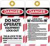 NMC LOTAG28-25-TAGS, LOCKOUT, DO NOT OPERATE EQUIPMENT LOCKED OUT, 6X3, UNRIP VINYL (PAK OF 25)