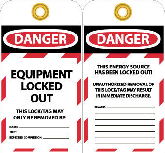 NMC LOTAG37-25-TAG, DANGER, EQUIPMENT LOCKED OUT, 6X3 1/4, UNRIP VINYL (PAK OF 25)