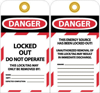 NMC LOTAG38-25-TAG, DANGER, LOCKED OUT,DO NOT OPERATE, 6X3, UNRIP VINYL (PAK OF 25)