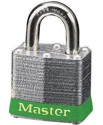 Master Lock 3INKGRN Green 1 9/16" W Laminated Steel Lockout Pin Tumbler Padlock With 9/32" X 3/4" Shackle And Key Number Ink Stamped On Bottom Of Lock (Keyed Differently)  (6/EA)