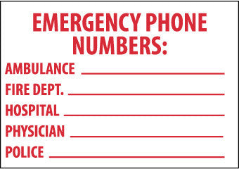 NMC M346RB-EMERGENCY PHONE NUMBERS AMBULANCE, FIRE.., 10X14, RIGID PLASTIC (1 EACH)